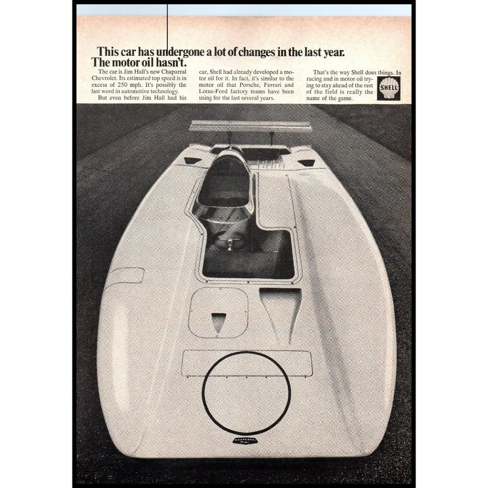 1969 Shell Motor Oil Chevy Chaparral Race Car Vintage Print Ad Racing Wall Art